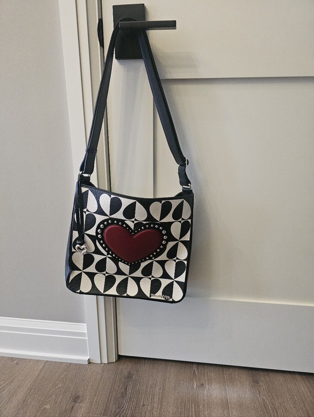BRIGHTON,  Black & White Pattern Shoulder Bag with Red Heart Detail
